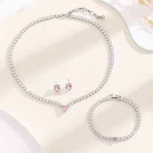 NEW 4pcs Set Luxury Rhinestone Heart Decor Jewelry Set